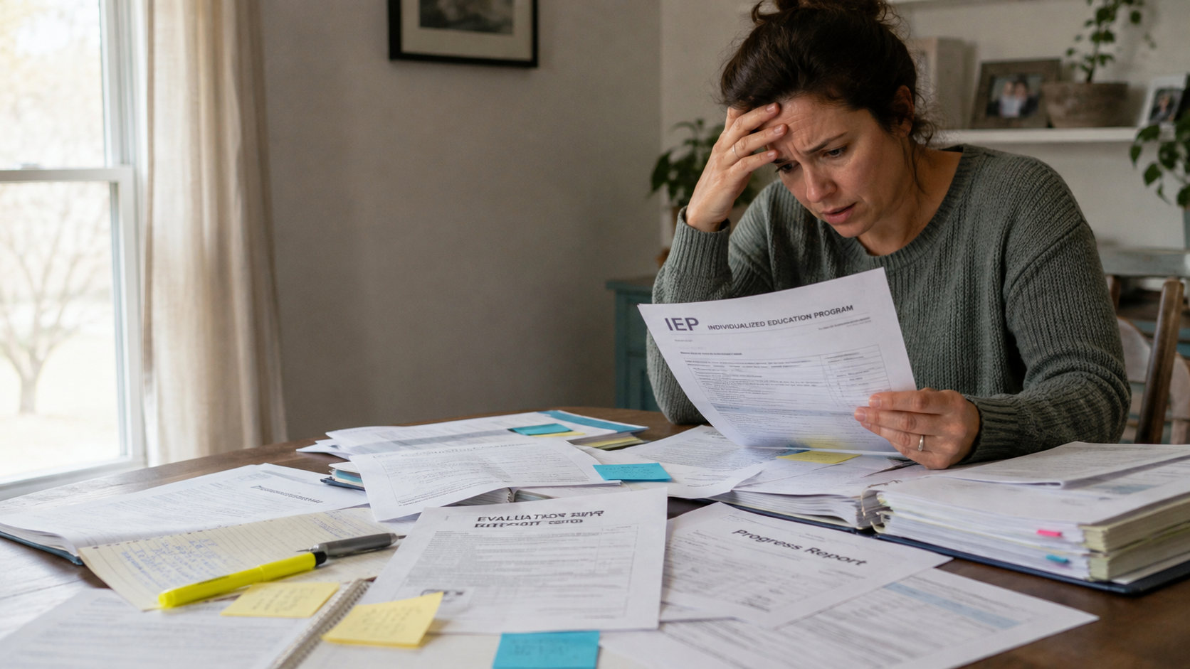A parent at the kitchen table, hand to her forehead, reading through a stack of IEP documents, progress reports and evaluations